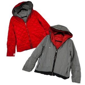 Max Mara Puffer Coat‎ US 6 Reversible Quilted Red Black Gingham Hood Goose Down